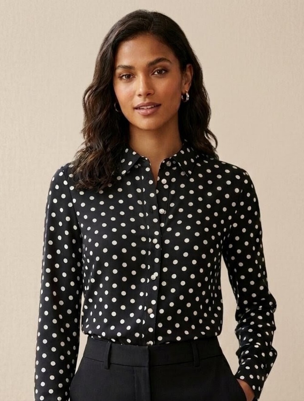 Women's BCBGMaxAzria Black Polka Dot Button-Down Shirt